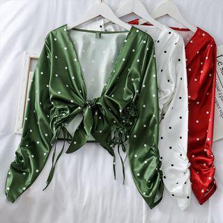Tie-front Drawstring Dotted Crop Top