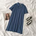 Short-sleeve Flower Embroidered A-line Polo Dress Sapphire Blue - One Size