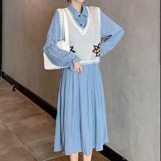 Long-sleeve Collared Midi A-line Dress / Flower Print Sweater Vest