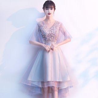 Short-sleeve Floral Embroidered A-line Cocktail Dress