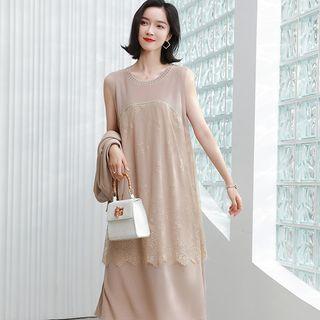 Set: Lace Panel Midi A-line Tank Dress + Cardigan