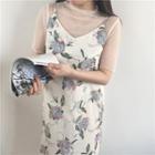 Sheer Short-sleeve Top / Floral Print Pinafore Dress