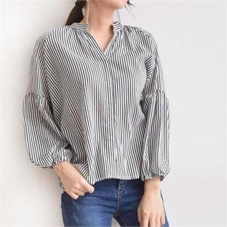 Open-placket Drop-shoulder Stripe Shirt