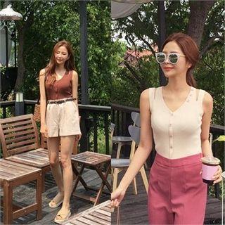 Cutaway-shoulder Button-trim Tank Top