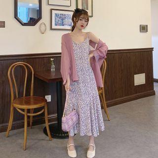 Long Sleeve Plain Shirt / Spaghetti-strap Floral Print A-line Dress