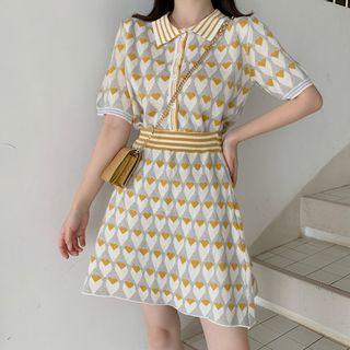 Set: Short-sleeve Heart Jacquard Knit Top + Mini Knit Skirt
