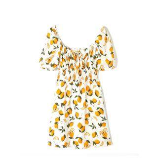 Puff-sleeve Fruit-print Tie-front Mini Dress