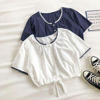 Color-block Lace-trim Crewneck Short-sleeve Blouse