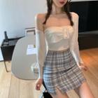 Bow Tube Top / Plaid A-line Skirt / Cropped Cardigan