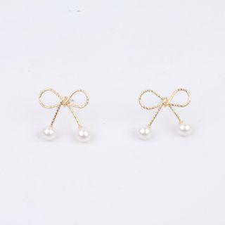 Faux Pearl Alloy Bow Earring Gold - One Size
