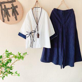 Long-sleeve Traditional Chinese Wrap Top / Wide-leg Pants