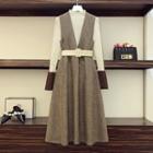 Set: Long-sleeve Knit Top + Sleeveless Midi A-line Dress