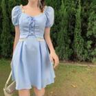Lace-up Puff-sleeve Mini A-line Dress