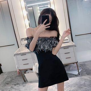 Sequined Off-shoulder Mini Sheath Dress