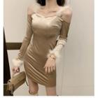 Cold-shoulder Fluffy Trim Velvet Mini Bodycon Dress