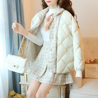 Set: Padded Jacket + Mini Plaid Pleated Skirt