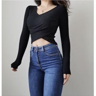 Long-sleeve V-neck Plain Slim-fit Top