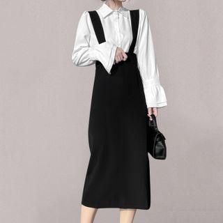 Set: Plain Shirt + Suspender Midi A-line Skirt