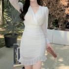 Long-sleeve Shirred Mini Chiffon Dress