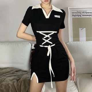 Short-sleeve Lace Up Sheath Dress