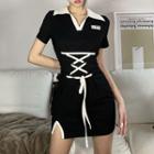 Short-sleeve Lace Up Sheath Dress
