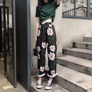 Drawstring Short Sleeve Top / Floral Print Pants