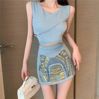 Set: Sleeveless Zip-back Denim Crop Top + Applique Mini Pencil Skirt