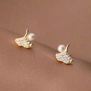 Leaf Rhinestone Faux Pearl Sterling Silver Earring