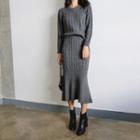 Set: Round-neck Cable-knit Top + Knit Skirt