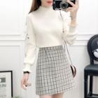 Embroidered Mock Neck Sweater / Plaid A-line Skirt / Set