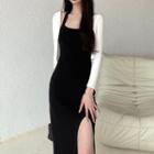 Long-sleeve Cardigan / Halter Side-slit Dress