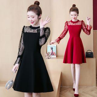 Long-sleeve Mesh-panel A-line Dress