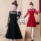 Long-sleeve Mesh-panel A-line Dress