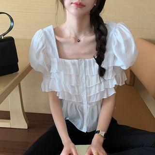 Puff Sleeve Ruffle Shirt White - One Size