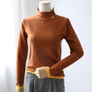 Long-sleeve Mock-neck Embroidered Knit Top