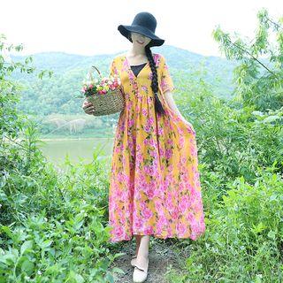 Floral Mock Two Piece Short-sleeve Maxi Dress