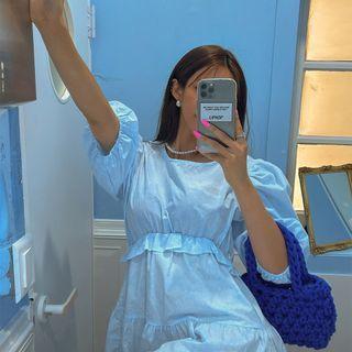 Plain / Paisley Puff-sleeve Tiered Minidress