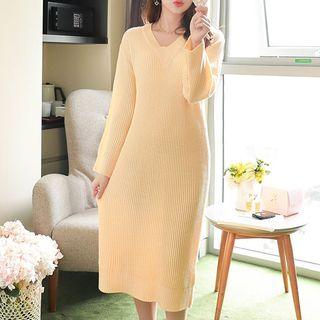 V-neck Long Rib-knit Dress
