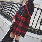 Plaid Panel Long-sleeve Knit Dress Red - One Size