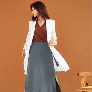Peaked-lapel Linen Long Blazer