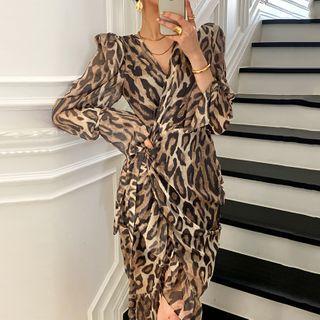 Puff-sleeve Leopard Print Tie-front A-line Dress