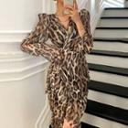 Puff-sleeve Leopard Print Tie-front A-line Dress
