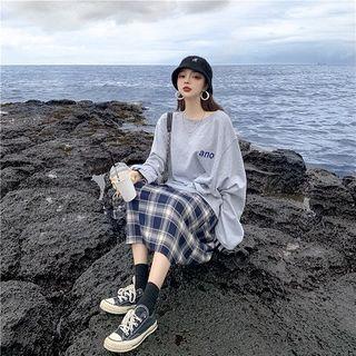 Lettering Print Long-sleeve Sweatshirt / Color-block Plaid High-waist Skirt