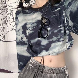 Long-sleeve Tie-dye Drawstring Cropped Top Black & Grey - One Size