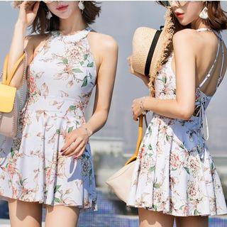 Set: Floral Bikini + Short-sleeve Cold Shoulder Cover-up Dress