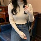 Lace Trim Semi High-neck Long-sleeve Knit Top