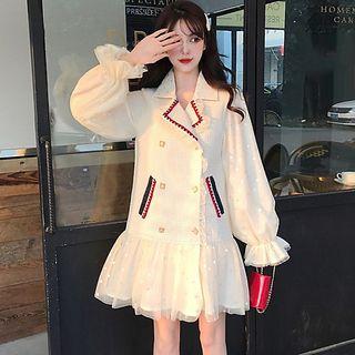 Balloon-sleeve Sequined Double-breasted A-line Dress