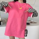 Long-sleeve Crescent Print Mock Two-piece T-shirt As Shown In Figure - One Size