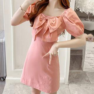 Puff-sleeve Bow Mini Sheath Dress