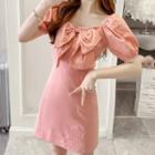 Puff-sleeve Bow Mini Sheath Dress